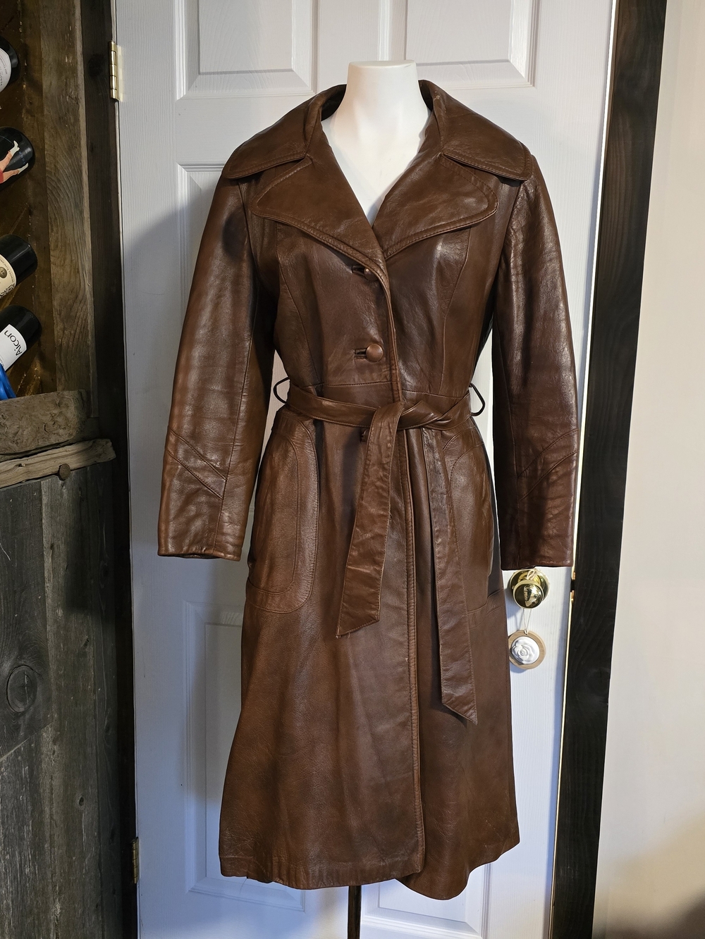 Brown Leather Trench Coat with Tie Belt